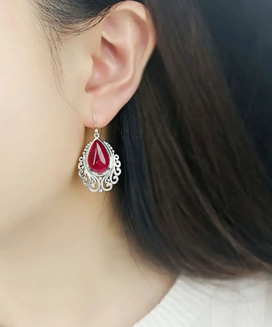 Women Red Sterling Silver Hollow Out Jade Water Drop Drop Earrings Ada Fashion