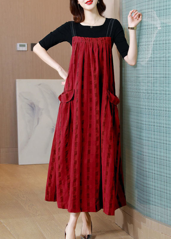 Women Red Striped Exra Large Hem Linen Strap Dress Two Pieces Set Summer AC2010