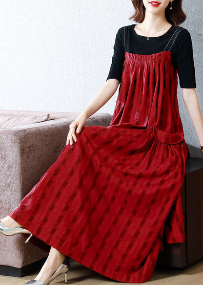 Women Red Striped Exra Large Hem Linen Strap Dress Two Pieces Set Summer AC2010