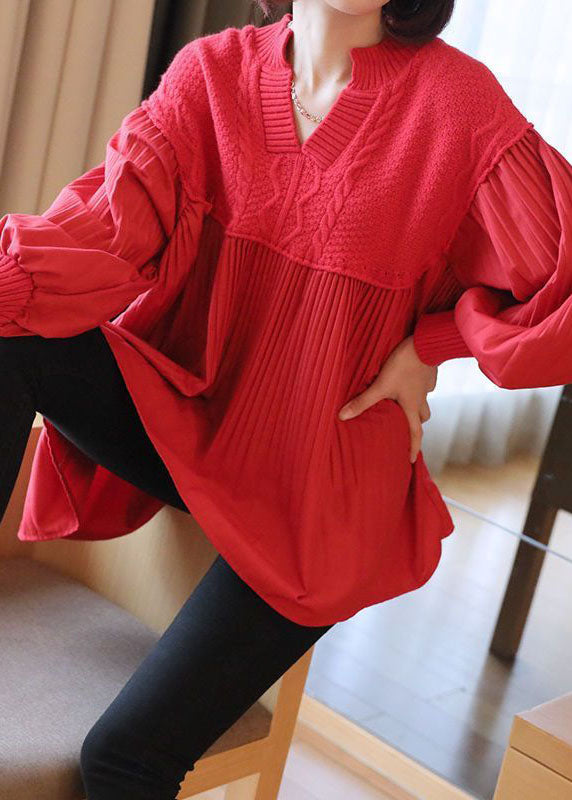 Women Red V Neck Patchwork Knit Tops Spring LY1468