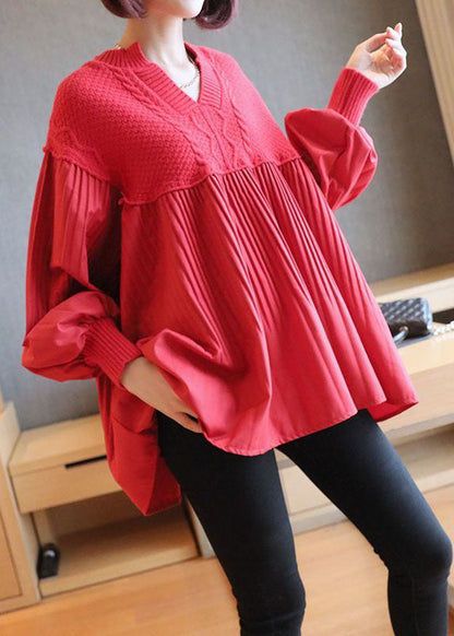 Women Red V Neck Patchwork Knit Tops Spring LY1468