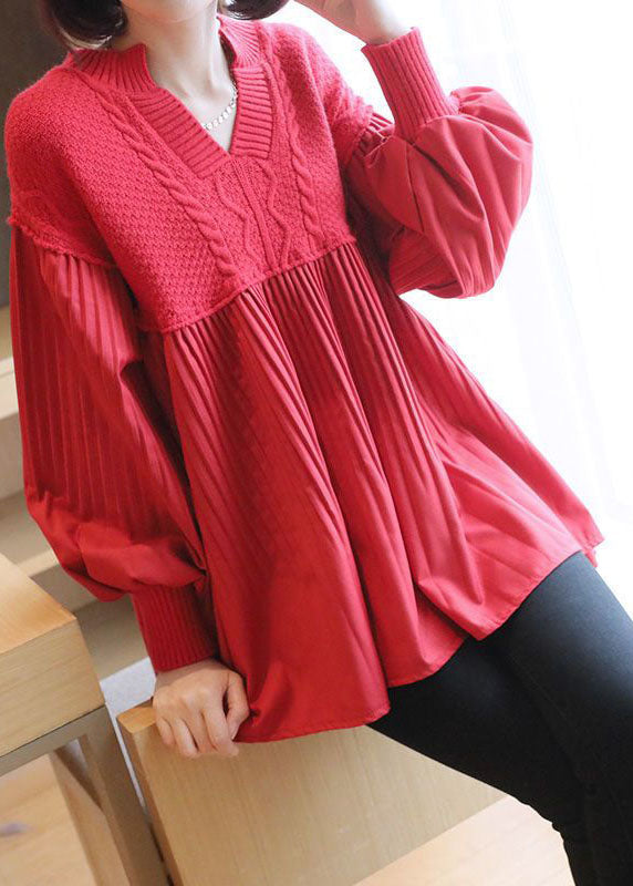 Women Red V Neck Patchwork Knit Tops Spring LY1468