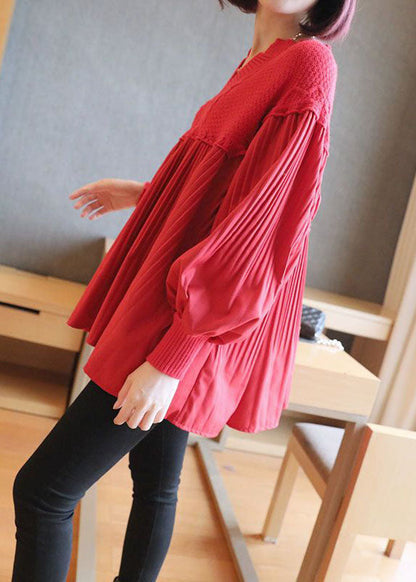 Women Red V Neck Patchwork Knit Tops Spring LY1468