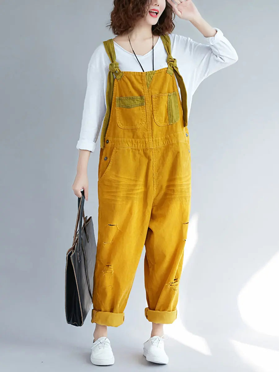 Women Retro Colorblock Autumn Denim Jumpsuits Ada Fashion