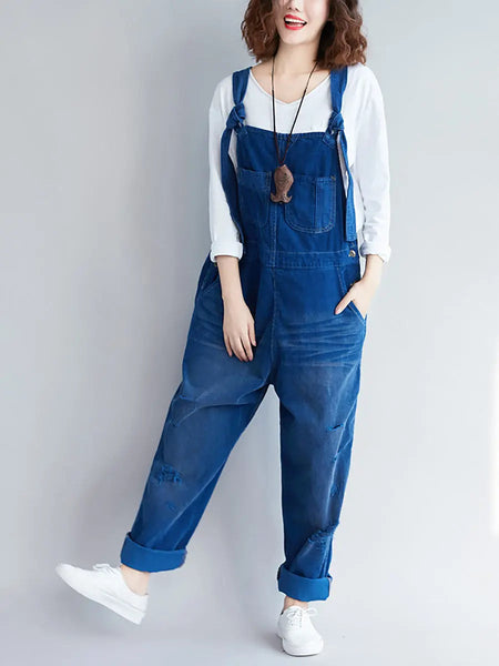 Women Retro Colorblock Autumn Denim Jumpsuits Ada Fashion
