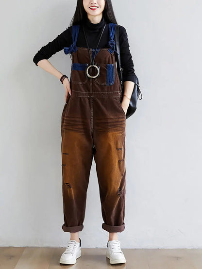 Women Retro Colorblock Autumn Denim Jumpsuits Ada Fashion