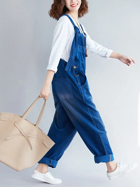 Women Retro Colorblock Autumn Denim Jumpsuits Ada Fashion