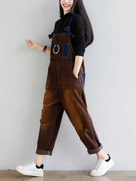 Women Retro Colorblock Autumn Denim Jumpsuits Ada Fashion