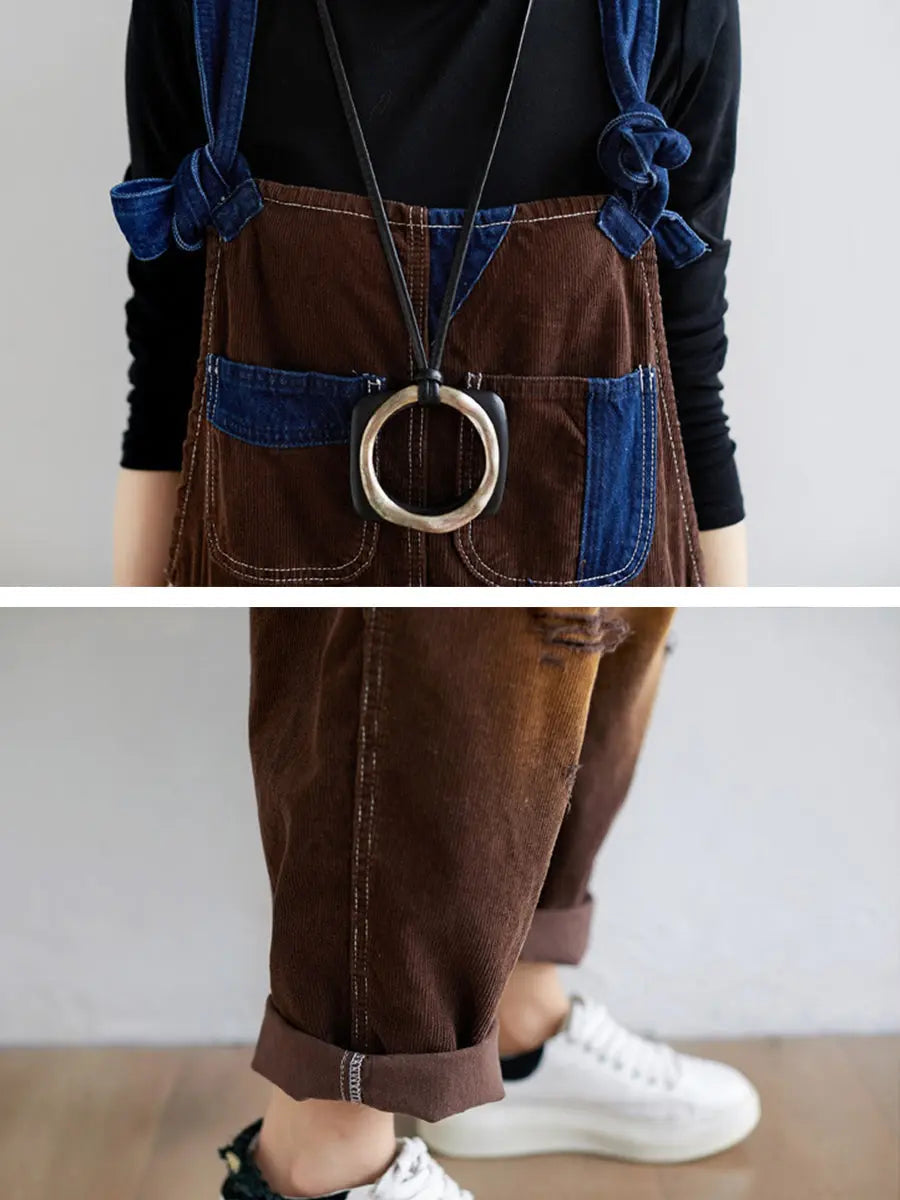 Women Retro Colorblock Autumn Denim Jumpsuits Ada Fashion
