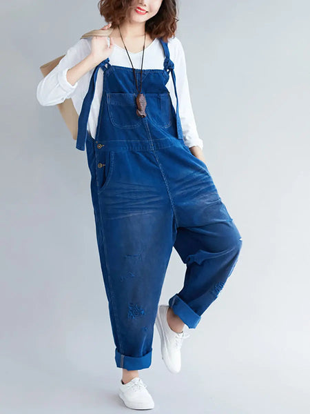 Women Retro Colorblock Autumn Denim Jumpsuits Ada Fashion