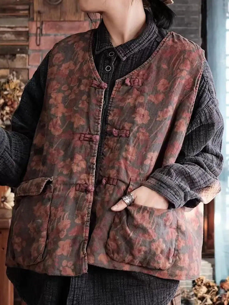 Women Retro Flower Pocket Linen Button Vest Coat Ada Fashion