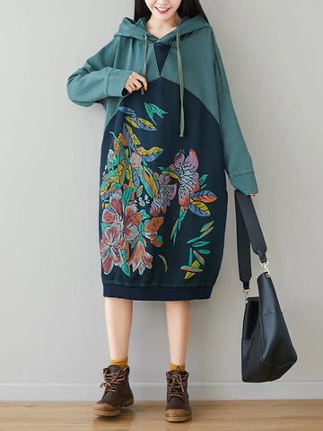 Women Retro Flower Print Colorblock Hooded Sweatshirt Ada Fashion