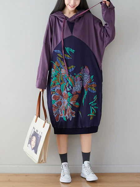 Women Retro Flower Print Colorblock Hooded Sweatshirt Ada Fashion