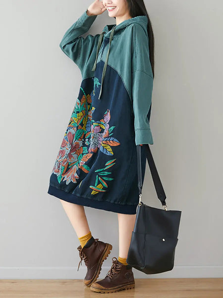 Women Retro Flower Print Colorblock Hooded Sweatshirt Ada Fashion