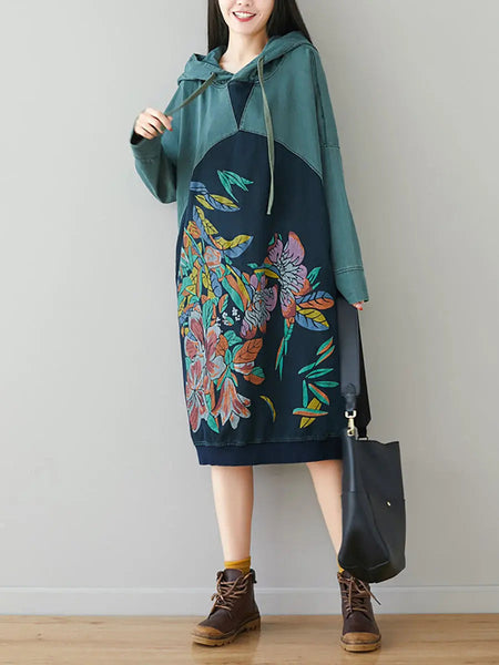 Women Retro Flower Print Colorblock Hooded Sweatshirt Ada Fashion