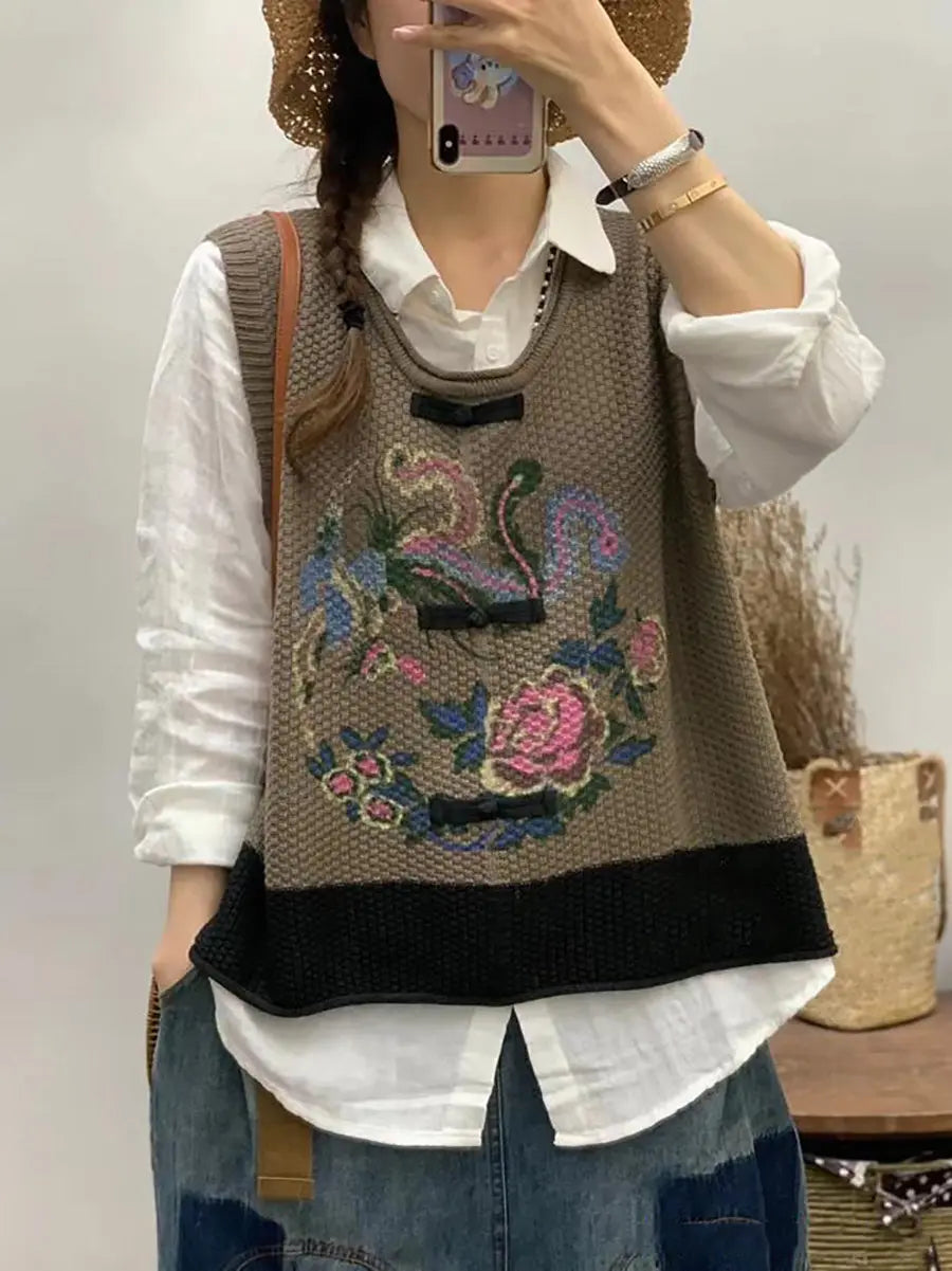 Women Retro Flower Print Colorblock Vest Ada Fashion