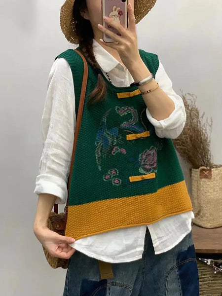 Women Retro Flower Print Colorblock Vest Ada Fashion