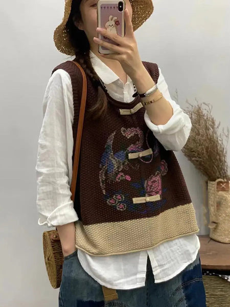 Women Retro Flower Print Colorblock Vest Ada Fashion