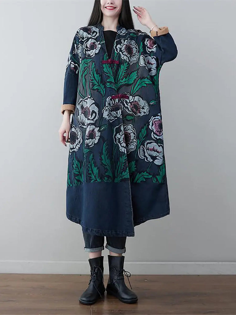 Women Retro Flower Print Denim Spring Long Coat Ada Fashion