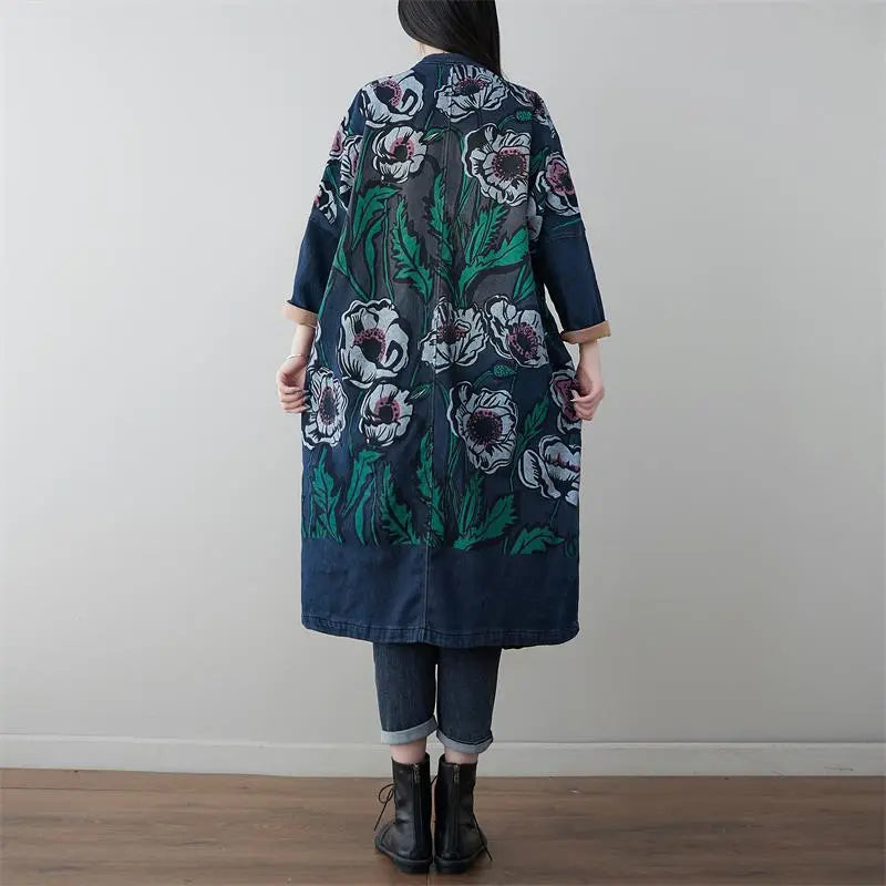 Women Retro Flower Print Denim Spring Long Coat Ada Fashion