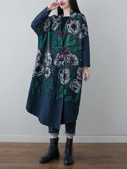 Women Retro Flower Print Denim Spring Long Coat Ada Fashion