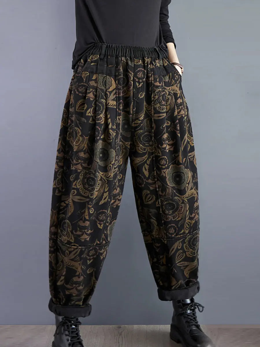 Women Retro Flower Winter Fleece-lined Harem Pants Ada Fashion