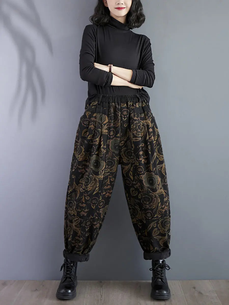 Women Retro Flower Winter Fleece-lined Harem Pants Ada Fashion