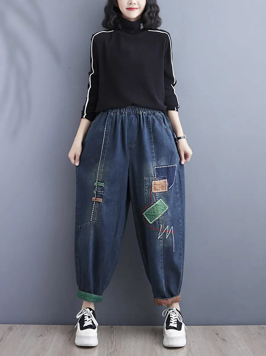 Women Retro Patch Spliced Denim Harem Pants Ada Fashion