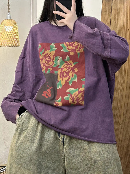 Women Retro Patch Spliced Hemming Cotton Shirt Ada Fashion