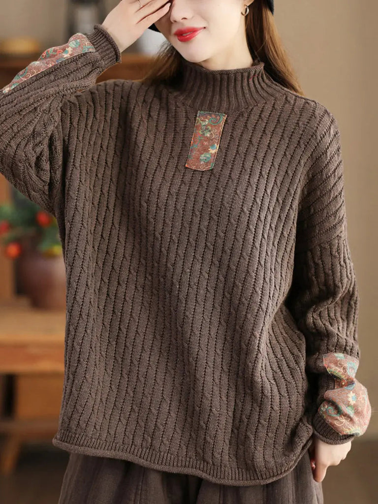 Women Retro Patch Spliced Knitted Turtleneck Sweater Ada Fashion