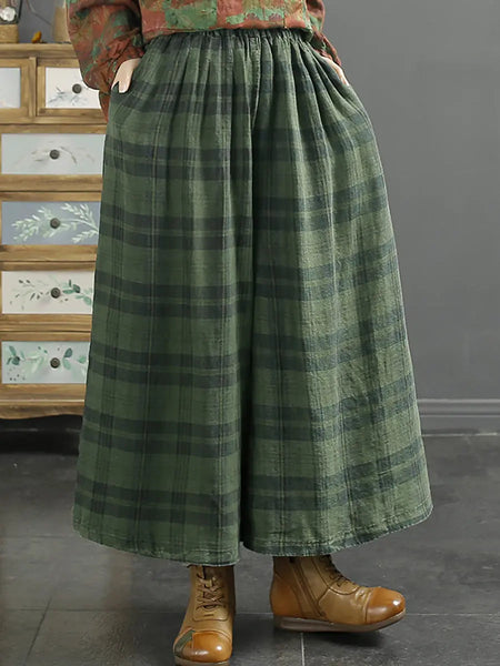 Women Retro Plaid Spring Linen Wide-leg Pants Ada Fashion