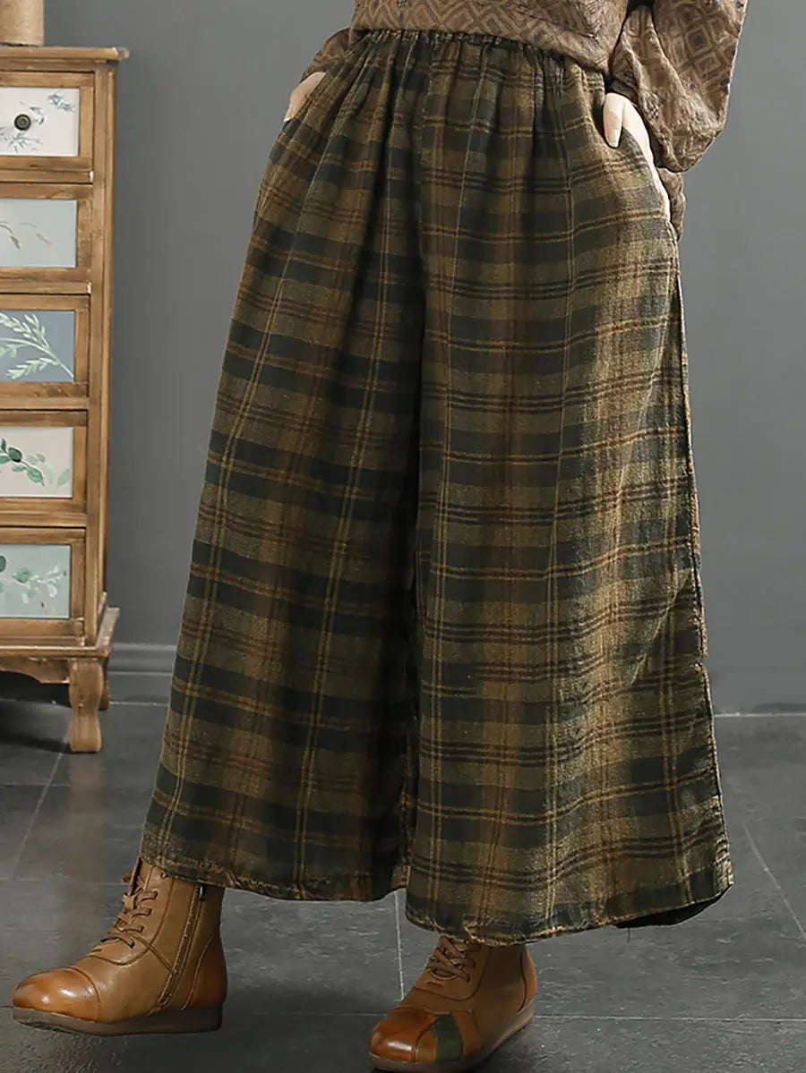 Women Retro Plaid Spring Linen Wide-leg Pants Ada Fashion