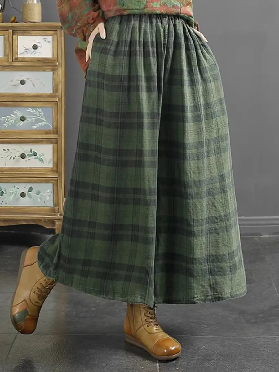 Women Retro Plaid Spring Linen Wide-leg Pants Ada Fashion