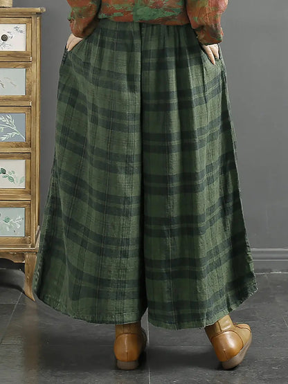 Women Retro Plaid Spring Linen Wide-leg Pants Ada Fashion