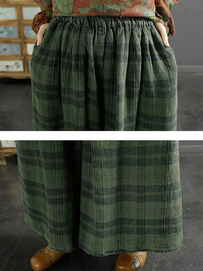 Women Retro Plaid Spring Linen Wide-leg Pants Ada Fashion