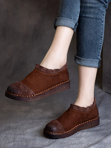 Women Retro Pure Color Leather Flat Shoes Ada Fashion