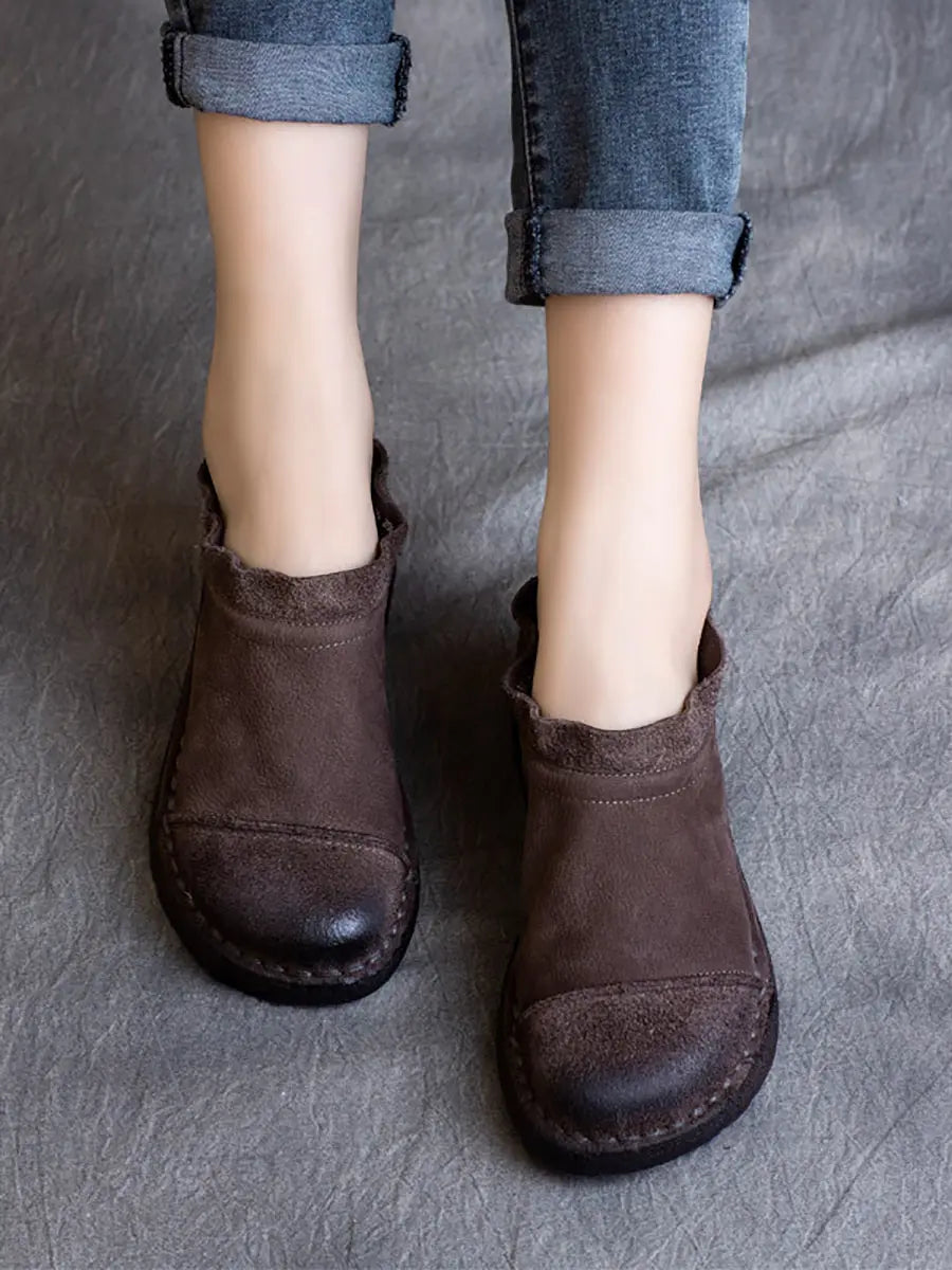 Women Retro Pure Color Leather Flat Shoes Ada Fashion