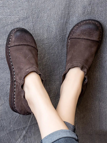 Women Retro Pure Color Leather Flat Shoes Ada Fashion