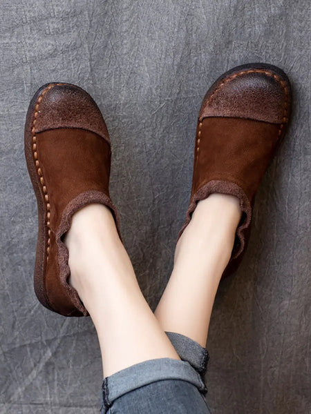 Women Retro Pure Color Leather Flat Shoes Ada Fashion