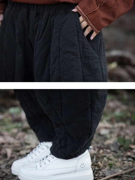 Women Retro Solid Stripe Stitching Thicken Harem Pants Ada Fashion