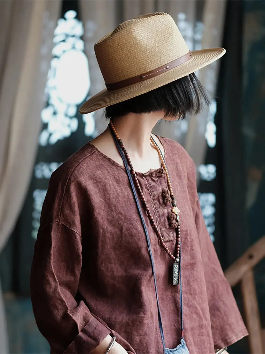 Women Retro Spring Linen Worn Knot Button Shirt Ada Fashion