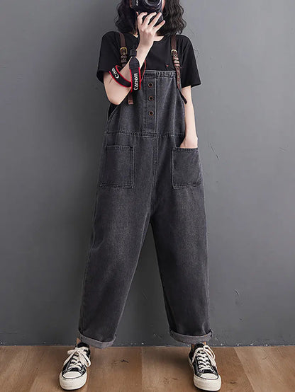 Women Retro Spring Solid Loose Denim Jumpsuits Ada Fashion