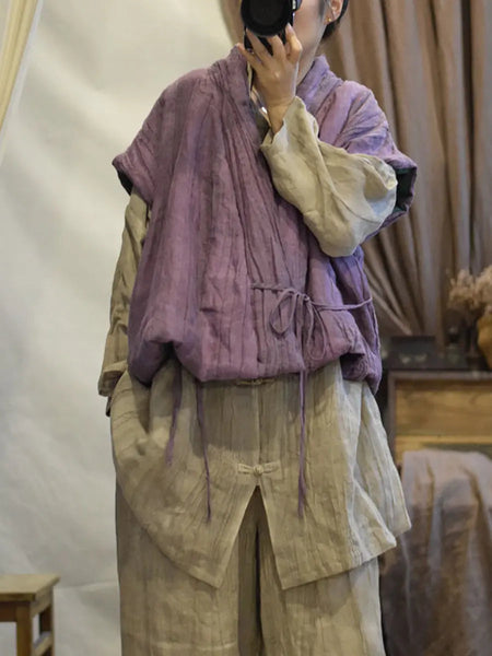Women Retro Vintage V-Neck Solid Linen Vest Coat Ada Fashion