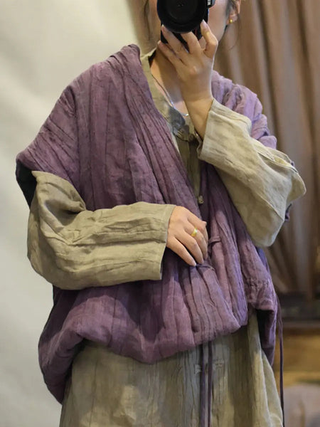 Women Retro Vintage V-Neck Solid Linen Vest Coat Ada Fashion