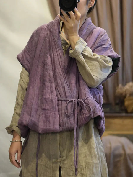 Women Retro Vintage V-Neck Solid Linen Vest Coat Ada Fashion