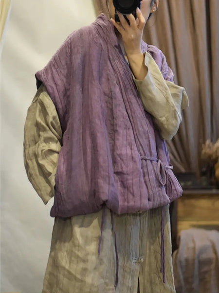 Women Retro Vintage V-Neck Solid Linen Vest Coat Ada Fashion