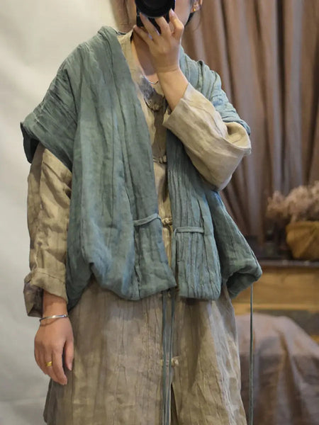 Women Retro Vintage V-Neck Solid Linen Vest Coat Ada Fashion