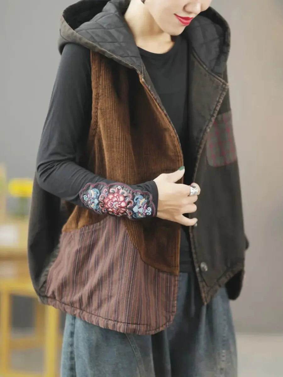 Women Retro Winter Patchwork Hooded Vest Coat Ada Fashion