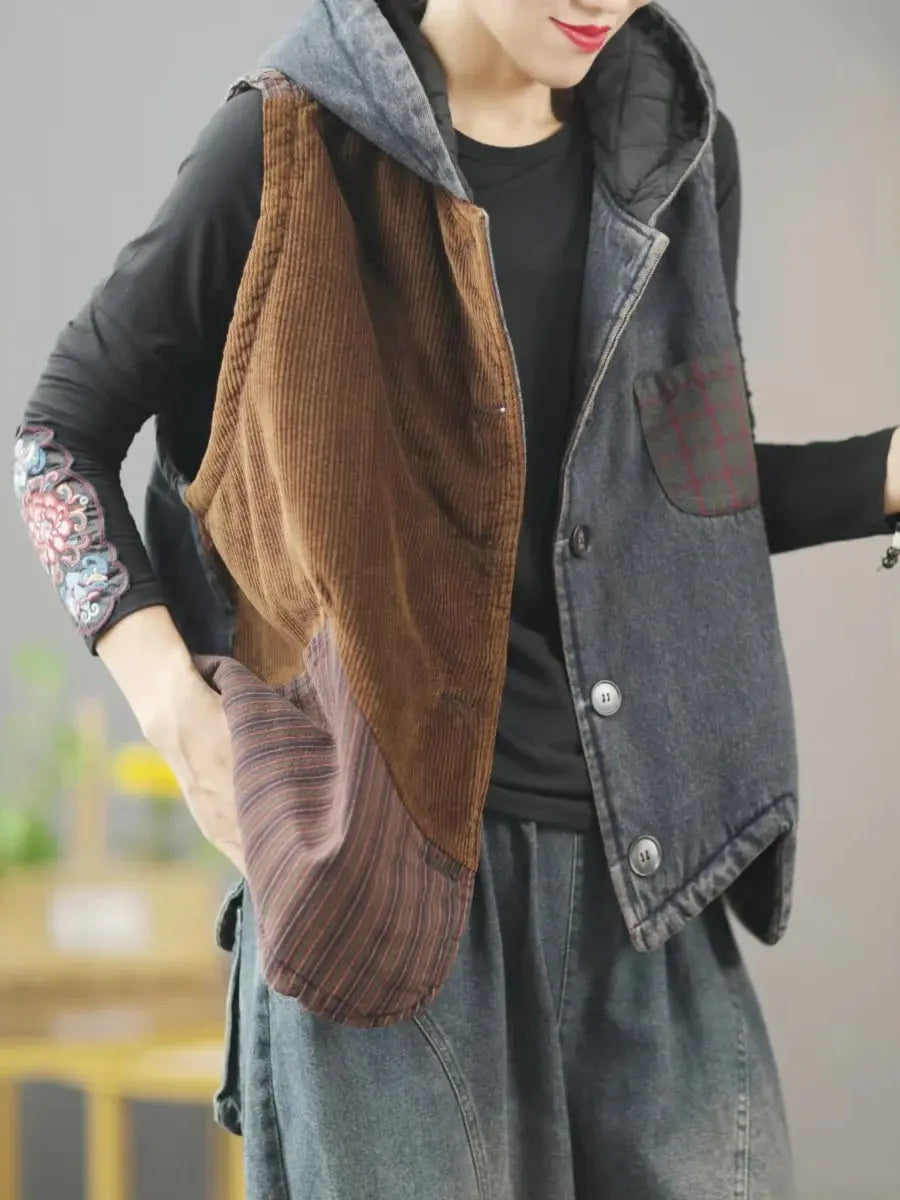 Women Retro Winter Patchwork Hooded Vest Coat Ada Fashion