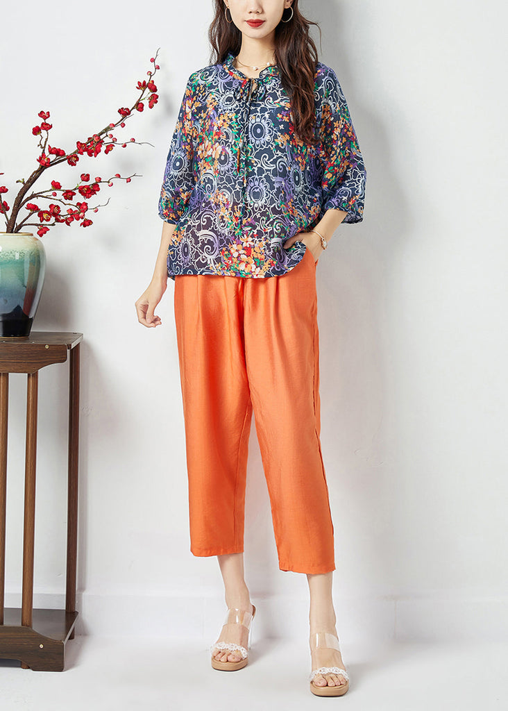 Women Ruffled Lace Up Print Cotton Tops And Pants Two Pieces Set Summer LY1131